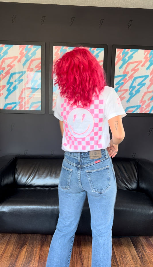 White/Pink Checkered Smiley Tee