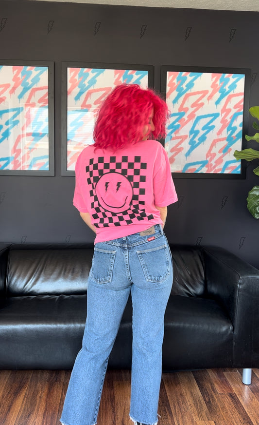 Pink Smiley Checkered Tee is