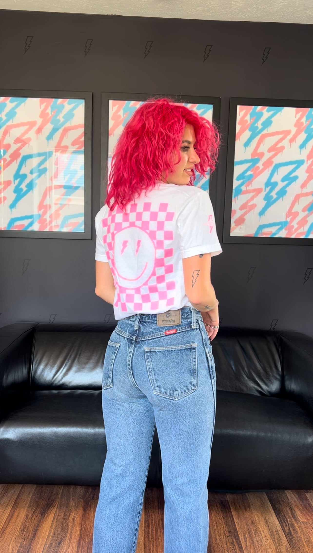 White/Pink Checkered Smiley Tee