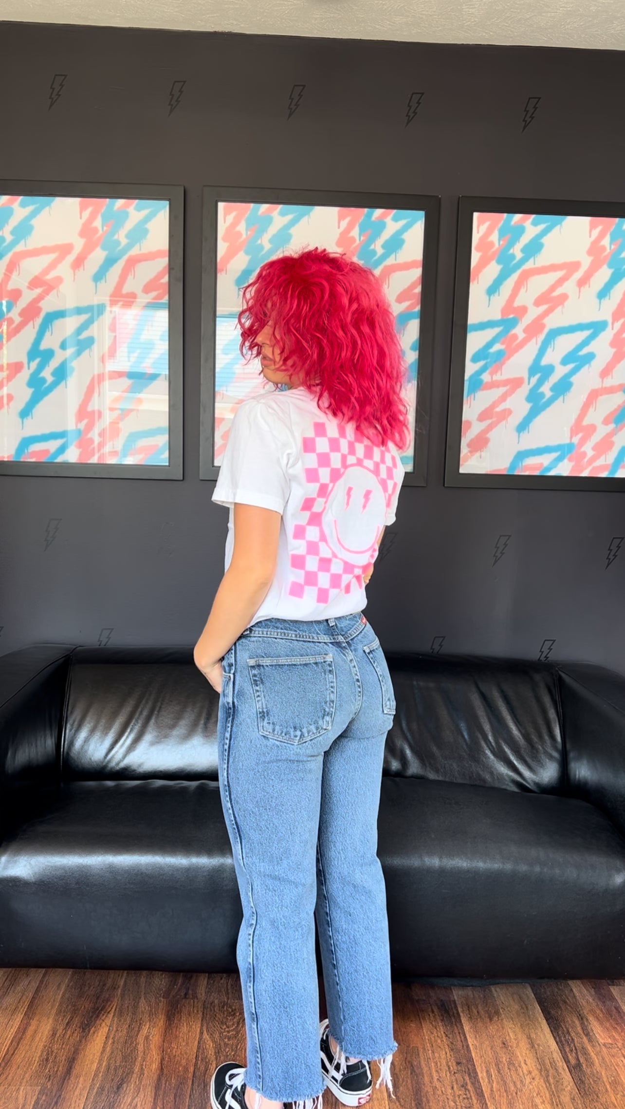 White/Pink Checkered Smiley Tee