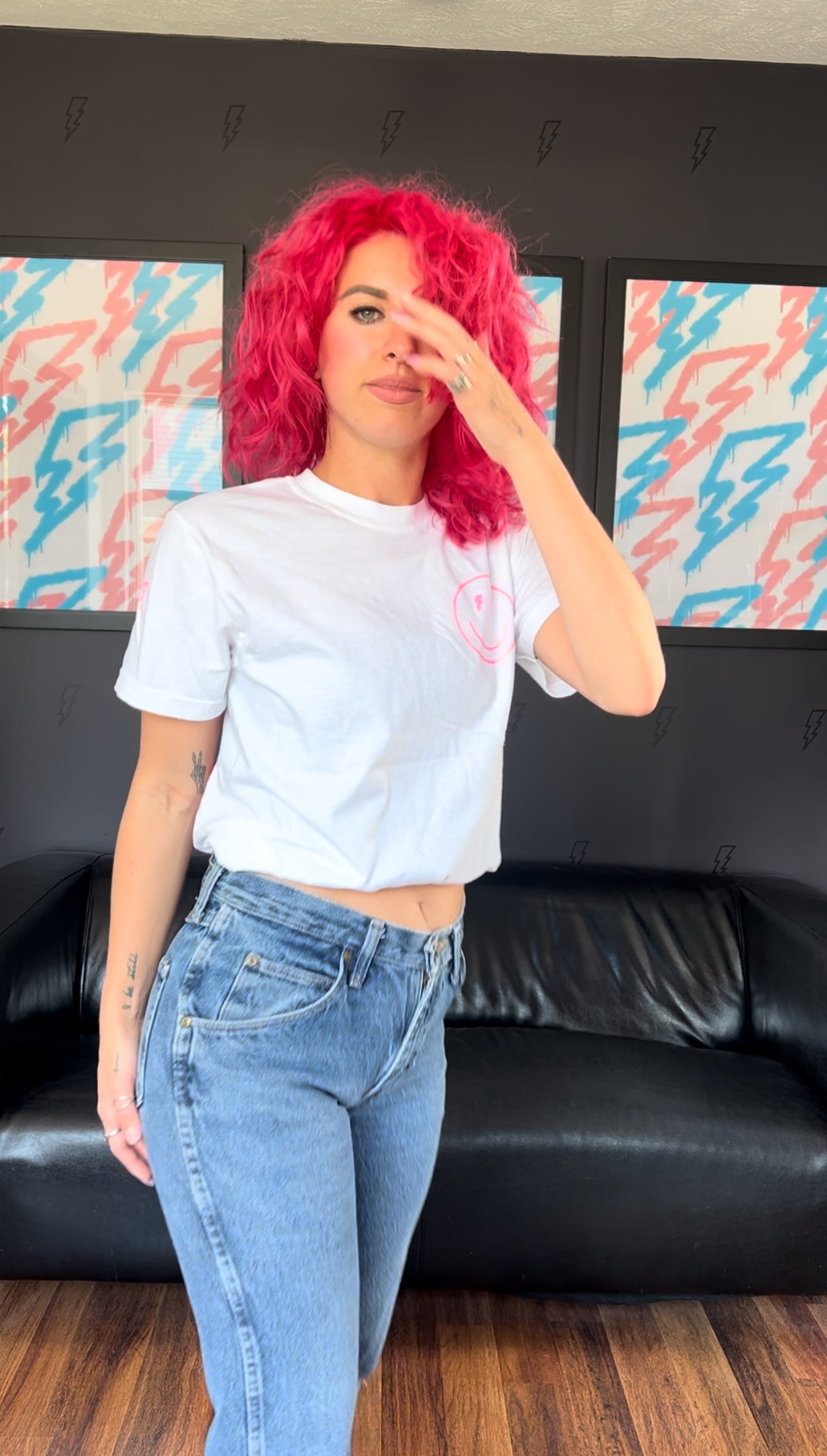White/Pink Checkered Smiley Tee